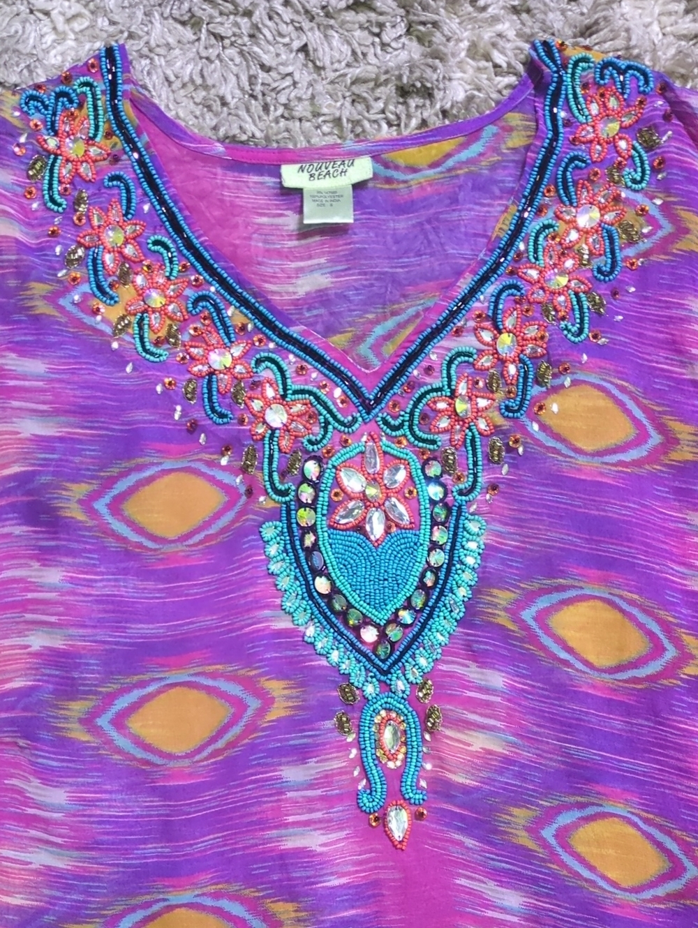 Nouveau Beach Sheer Beaded Swimsuit Cover Up Size Small Boho Beach Caftan